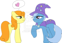 Size: 900x625 | Tagged: safe, artist:izwizzart, carrot top, golden harvest, trixie, earth pony, pony, unicorn, g4, cape, clothes, female, hat, heart, horn, lesbian, mare, shipping, simple background, transparent background, trixie's cape, trixie's hat