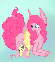 Size: 660x738 | Tagged: dead source, safe, artist:versimer, fluttershy, pinkie pie, dragon, g4, blue background, dragonified, female, flutterdragon, gradient background, impossibly large ears, lesbian, pinkiedragon, ship:flutterpie, shipping, simple background, species swap