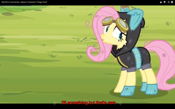 Size: 1280x800 | Tagged: safe, screencap, fluttershy, pegasus, pony, g4, bunny ears, clothes, dangerous mission outfit, female, goggles, hoodie, mare, meme, solo, youtube, youtube caption, youtube link