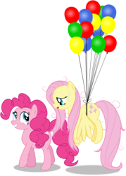 Size: 1428x2000 | Tagged: safe, artist:masem, fluttershy, pinkie pie, g4, balloon, floating, simple background, sweat, transparent background, vector