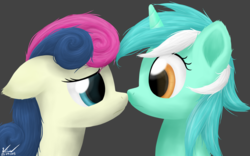 Size: 2048x1280 | Tagged: safe, artist:symbianl, bon bon, lyra heartstrings, sweetie drops, earth pony, pony, unicorn, g4, female, gray background, lesbian, ship:lyrabon, shipping, simple background