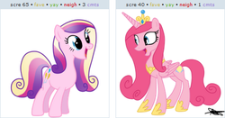 Size: 465x244 | Tagged: safe, artist:andreamelody, pinkie pie, princess cadance, g4, alternate hairstyle, concave belly, exploitable meme, juxtaposition, juxtaposition win, mane swap, meme, pinkiecorn, slender, thin, xk-class end-of-the-world scenario