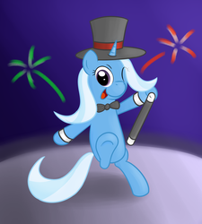 Size: 816x908 | Tagged: safe, artist:hip-indeed, trixie, pony, g4, bipedal, female, fireworks, hat, solo, top hat, wand, wink