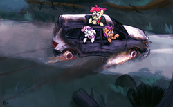 Size: 5304x3280 | Tagged: safe, artist:sevoohypred, apple bloom, scootaloo, sweetie belle, g4, car, cutie mark crusaders, dodge (car), dodge journey, this will end in tears and/or death and/or covered in tree sap