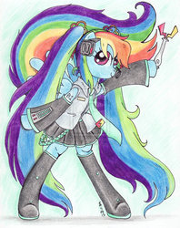 Size: 900x1134 | Tagged: safe, artist:oriwhitedeer, rainbow dash, pegasus, pony, g4, alternate hairstyle, bipedal, boots, clothes, crossover, female, hatsune miku, mare, necktie, shoes, signature, simple background, solo, traditional art, vocaloid, white background