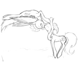 Size: 1280x1040 | Tagged: safe, artist:manearion, spitfire, trixie, pegasus, pony, unicorn, g4, crack shipping, female, kissing, lesbian, mare, monochrome, shipping, sketch, trixfire, upside down