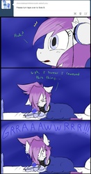 Size: 850x1620 | Tagged: safe, artist:ichibangravity, oc, oc only, ask king sombra pie, bed, headphones, rae mix, tumblr