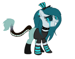 Size: 577x453 | Tagged: dead source, safe, artist:thexpiredmoon, oc, oc only, unnamed oc, dracony, base used, boots, choker, clothes, colored sclera, crying, cyan eyes, ear piercing, earring, female, hat, jewelry, leonine tail, mare, pants, piercing, shirt, shoes, socks, solo, striped socks, studded choker, tail, teal sclera, unusual pupils