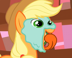 Size: 864x706 | Tagged: safe, screencap, applejack, earth pony, pony, g4, look before you sleep, animation error, cropped, cucumber, eating, faic, female, golden oaks library, herbivore, mare, mud mask, solo, tongue out, wat