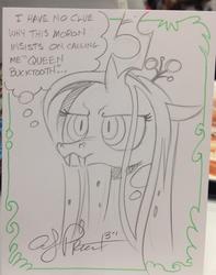 Size: 897x1136 | Tagged: safe, artist:andy price, queen chrysalis, changeling, changeling queen, g4, female, monochrome, solo, thought bubble, traditional art, unamused