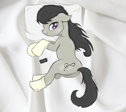 Size: 900x804 | Tagged: safe, artist:sunset-haste, octavia melody, earth pony, pony, g4, bed, earbuds, female, mare, mp3 player, pillow, solo