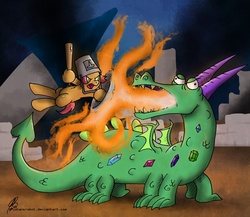 Size: 1050x910 | Tagged: safe, artist:jorobro, babs seed, crackle, dragon, g4, baseball bat, bucket, fight, fire, fire breath, shield