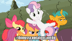 Size: 500x282 | Tagged: safe, edit, edited screencap, screencap, apple bloom, scootaloo, snails, snips, sweetie belle, twist, g4, the return of harmony, animated, cutie mark crusaders, flailing, flying, hashtag, image macro, scootaloo can't fly, text, twitter