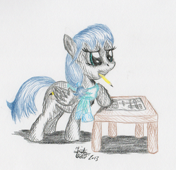 Size: 909x878 | Tagged: safe, artist:kuroitsubasatenshi, oc, oc only, pegasus, pony, clothes, dusky down, mouth hold, pencil, puzzle, scarf, solo, traditional art