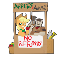 Size: 1024x939 | Tagged: safe, artist:inspectornills, applejack, human, g4, apple, borderlands, crossover, gun, marcus kincaid, stall, working