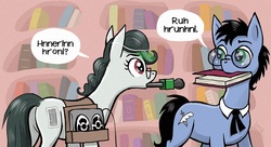 Size: 1200x652 | Tagged: safe, artist:pedantia, oc, oc only, oc:front page, oc:tympany, earth pony, pony, book, earth pony problems, glasses, male, microphone, mouth hold, muffled words, speech bubble, stallion, tape recorder