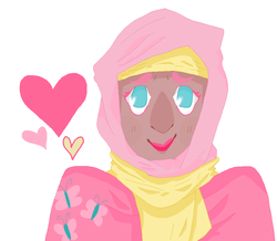 Size: 893x783 | Tagged: safe, artist:oliviaandedd, fluttershy, human, g4, dark skin, female, heart, hijab, humanized, islam, islamashy, lipstick, looking at you, smiling, solo