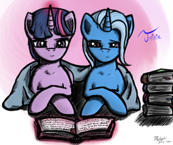 Size: 1035x871 | Tagged: safe, artist:magicalhoney, trixie, twilight sparkle, g4, blanket, book, female, lesbian, ship:twixie, shipping