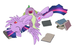 Size: 2647x1669 | Tagged: safe, artist:xonxt, spike, twilight sparkle, alicorn, dragon, pony, g4, female, mare, simple background, sleeping, transparent background, twilight sparkle (alicorn)