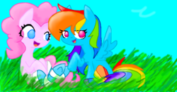 Size: 916x481 | Tagged: safe, artist:princessghostsoul, pinkie pie, rainbow dash, g4, clothes, female, lesbian, rainbow socks, ship:pinkiedash, shipping, socks, striped socks