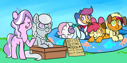 Size: 1280x640 | Tagged: safe, artist:mt, apple bloom, babs seed, diamond tiara, scootaloo, silver spoon, sweetie belle, g4, booth, clothes, costume, cutie mark crusaders, glasses, swimming pool