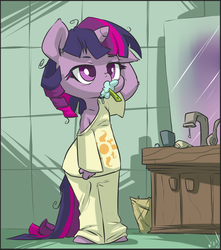 Size: 1063x1200 | Tagged: safe, artist:atryl, twilight sparkle, unicorn, anthro, unguligrade anthro, g4, arm fluff, bathroom, bed mane, clothes, colored pupils, ear fluff, female, morning ponies, off shoulder, pajamas, shoulder fluff, signature, solo, toothbrush