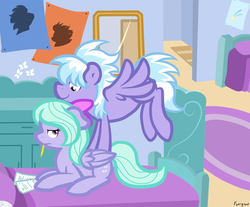 Size: 2542x2104 | Tagged: dead source, safe, artist:furrgroup, cloudchaser, flitter, pegasus, pony, g4, bed, bedroom, bow, digital art, duo, duo female, female, flitter is not amused, floppy ears, flying, hair bow, mare, mirror, mouth hold, paper, pencil, signature, smiling, spread wings, studying, unamused, wings