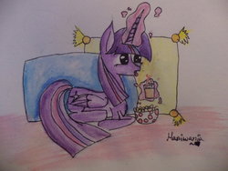 Size: 1024x768 | Tagged: safe, artist:maniwania, twilight sparkle, alicorn, pony, g4, female, magic, mare, pillow, prone, solo, traditional art, twilight sparkle (alicorn)