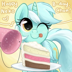 Size: 3000x3000 | Tagged: safe, artist:steffy-beff, lyra heartstrings, g4, birthday, cake, cute, female, food, happy birthday, hat, lyrabetes, party hat, pov, solo, tongue out, wink