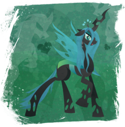 Size: 901x916 | Tagged: safe, artist:rariedash, queen chrysalis, changeling, changeling queen, g4, abstract background, crown, female, floppy ears, hooves, horn, jewelry, lineless, mare, open mouth, regalia, solo, wings