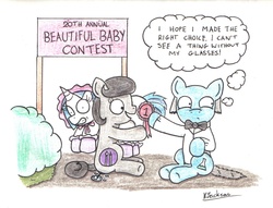 Size: 1868x1425 | Tagged: safe, artist:bobthedalek, dj pon-3, vinyl scratch, oc, oc:mixed melody, oc:octavia's mother, earth pony, pony, unicorn, g4, adult foal, bonnet, booties, contest, diaper, female, non-baby in diaper, parent