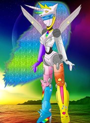 Size: 762x1048 | Tagged: safe, artist:odiz, applejack, fluttershy, pinkie pie, princess celestia, rainbow dash, rarity, twilight sparkle, robot, g4, combination, mecha, voltron