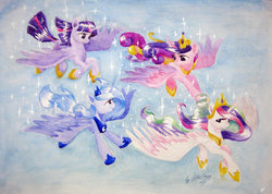 Size: 1024x731 | Tagged: dead source, safe, artist:skyaircobra, princess cadance, princess celestia, princess luna, twilight sparkle, alicorn, pony, g4, alicorn tetrarchy, female, flying, mare, pretty, sisters-in-law, traditional art, twilight sparkle (alicorn)