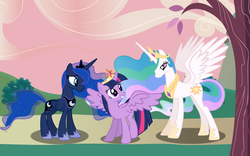 Size: 1600x1000 | Tagged: safe, artist:brony-artisan, princess celestia, princess luna, twilight sparkle, alicorn, pony, g4, big crown thingy, crown, element of magic, female, folded wings, jewelry, mare, regalia, spread wings, trio, trio female, twilight sparkle (alicorn), vector, wings