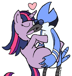 Size: 564x594 | Tagged: safe, artist:clawful, twilight sparkle, g4, crossover, crossover shipping, female, kissing, male, mare, mordecai, mordetwi, regular show, shipping, straight