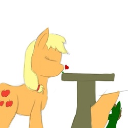 Size: 500x500 | Tagged: safe, artist:facade, applejack, oc, g4, female, golden ace, kissing, macro, micro, tiny