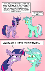 Size: 810x1265 | Tagged: safe, artist:hellarmy, lyra heartstrings, twilight sparkle, alicorn, pony, unicorn, g4, angry, bad poker face, comic, twilight sparkle (alicorn), twilight sparkle is not amused, unamused