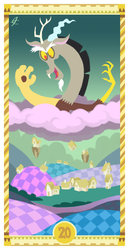 Size: 400x775 | Tagged: safe, artist:janeesper, discord, g4, chaos, cloud, cotton candy, cotton candy cloud, discorded landscape, food, green sky, judgement, male, ponyville, solo, tarot card