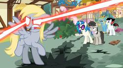 Size: 846x466 | Tagged: dead source, safe, cheerilee, derpy hooves, dj pon-3, octavia melody, vinyl scratch, oc, oc:artsy feathers, oc:mystery (mysteryben), pegasus, pony, epic rage time, g4, angry, eye beams, female, laser, mare, youtube link