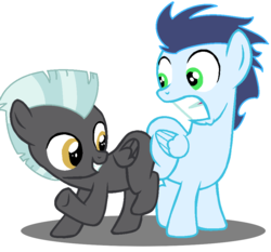 Size: 952x888 | Tagged: safe, artist:jcking101, edit, soarin', thunderlane, pegasus, pony, g4, base used, butt bump, butt to butt, butt touch, colt, colt soarin', colt thunderlane, duo, duo male, grin, gritted teeth, male, no tail, smiling, teeth, younger