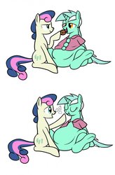 Size: 839x1280 | Tagged: safe, artist:calorie, bon bon, lyra heartstrings, sweetie drops, earth pony, pony, unicorn, g4, belly, big belly, button popping, clothes, cookie, cookie clicker, fat, feeder, feeder bon bon, feeding, lard-ra heartstrings, lyra feedee, obese, popped button, reference, rolls of fat, simple background, squishy, stuffed, stuffed belly, stuffing, torn clothes, wardrobe malfunction, weight gain, white background