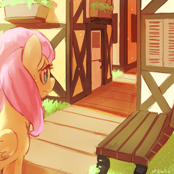 Size: 700x700 | Tagged: safe, artist:mewball, fluttershy, pegasus, pony, g4, bench, building, female, folded wings, mare, signature, solo, sweat, wings