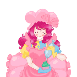 Size: 700x700 | Tagged: safe, artist:looji, pinkie pie, human, g4, ace attorney, apron, baking, blushing, clothes, crossover, cupcake, female, food, frosting, gloves, humanized, solo
