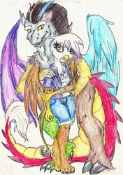 Size: 1485x2112 | Tagged: safe, artist:coraline-176, discord, gilda, griffon, pony, semi-anthro, g4, bipedal