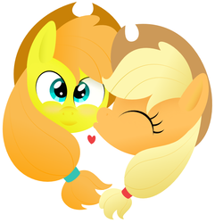 Size: 845x876 | Tagged: safe, artist:giantsquidie, applejack, oc, oc:apple juice, g4, canon x oc, heart, kissing, shipping