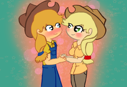 Size: 877x604 | Tagged: safe, artist:ferzyppgd, applejack, oc, oc:apple juice, human, g4, blushing, canon x oc, holding hands, humanized