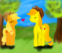 Size: 1000x850 | Tagged: safe, artist:ambercatlucky2, applejack, oc, oc:apple juice, g4, canon x oc, heart