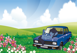 Size: 4787x3299 | Tagged: safe, artist:abydos91, oc, oc only, oc:chronalis, pony, 3265, ^^, car, commission, eyes closed, field, flower, happy, hill, lying down, on back, scenery, smiling, solo, vector