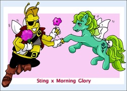 Size: 879x631 | Tagged: safe, artist:stormy1x2, morning glory, sting (g1), g1, female, flower, interspecies, male, shipping, straight