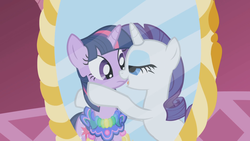 Size: 1280x720 | Tagged: safe, screencap, rarity, twilight sparkle, g4, the ticket master, lidded eyes, out of context, saddle, tack